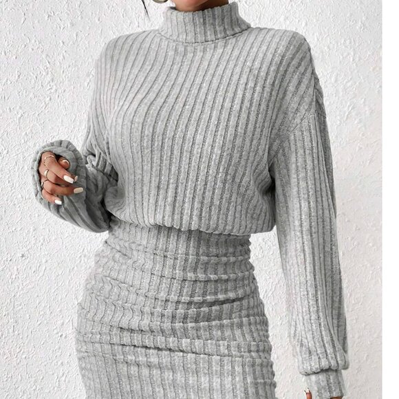 Commense Mock Neck Ribbed Short Dress - Picture 3 of 12